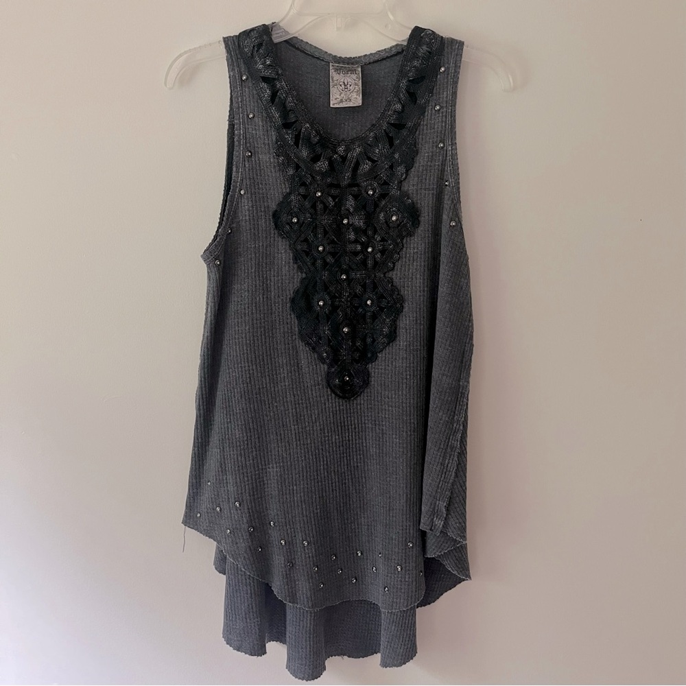 Vocal Charcoal Gray Embellished Ribbed Tank Top